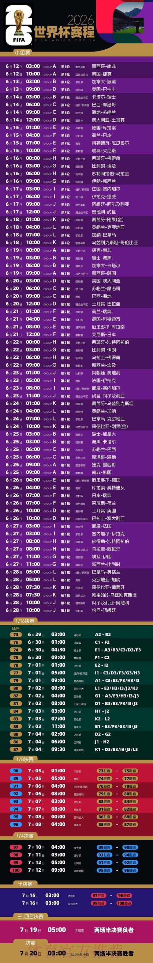 2026世界杯比赛时间一览全程直播免费观看